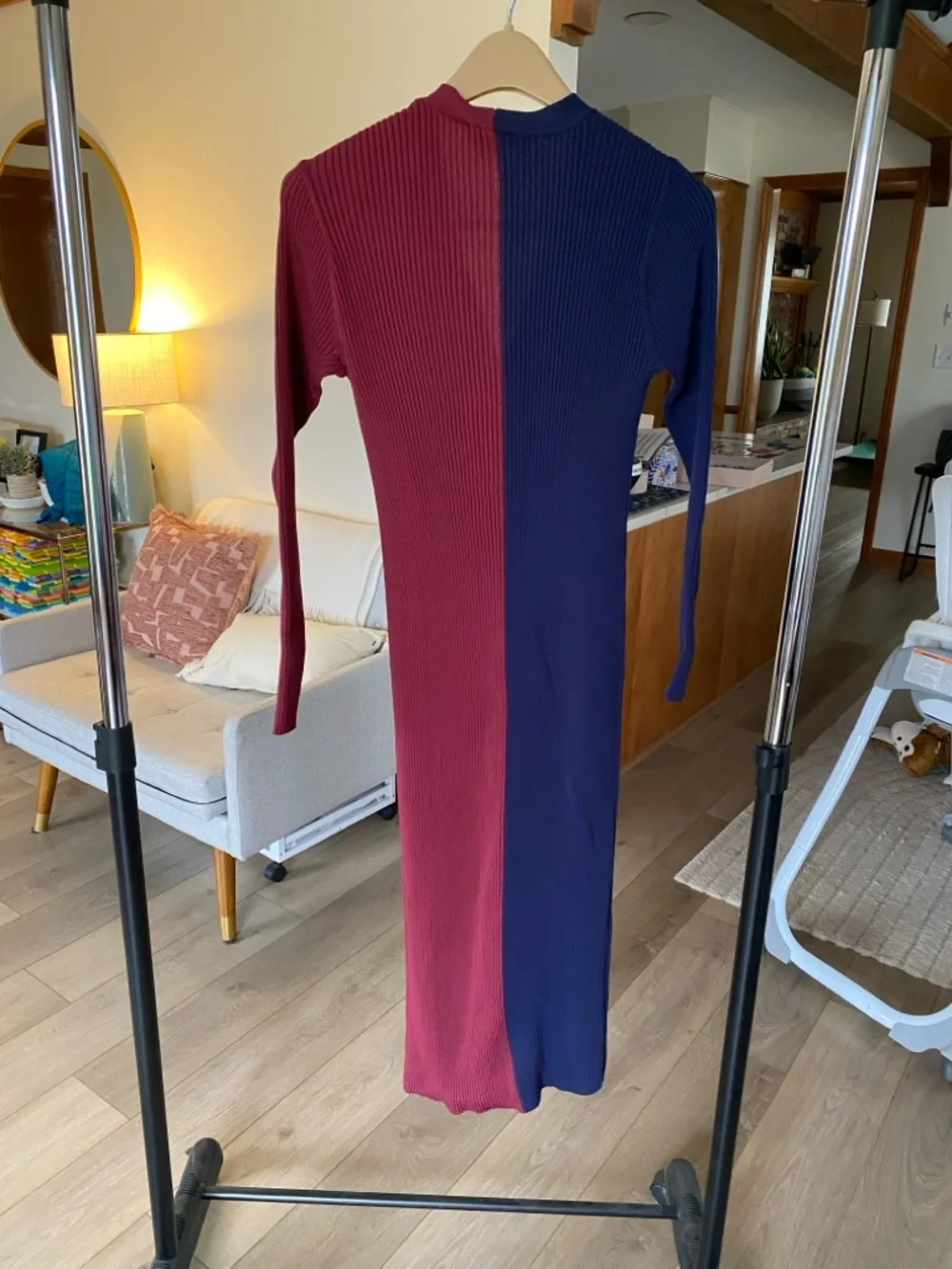 STAUD Shoko Two-Tone Ribbed Button-Down Maxi Cardigan - Navy & Burgundy - Picture 3 of 4